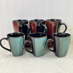 Set Of 6 Pier 1 Imports Mosaic Stoneware Mugs 12 Oz Handpainted Rust Colors